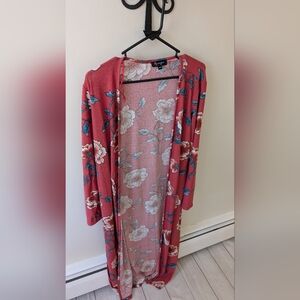 Lily Morgan floral print red long duster cardigan. Size medium.